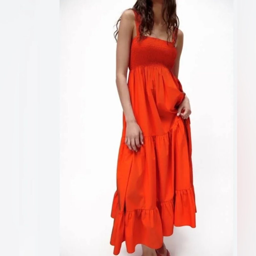 Zara Orange Smocked Strap Midi Dress